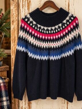 Addition Elle A MTL 1980 Fair Isle Yoke Sweater 1X Navy Pink Blue